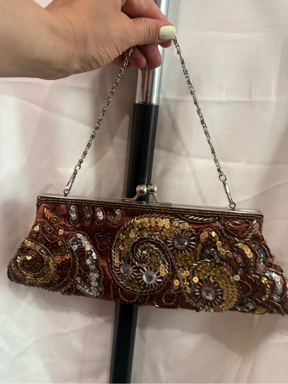 Apt. 9 Y2k Bronze Beaded Paisley Evening Bag Sequin Kiss Lock Clutch Purse